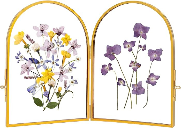 Double Glass Frame for Pressed Flowers Handmade, Pressed Flower Frame, Hinged Tabletop Brass Phot... | Amazon (US)