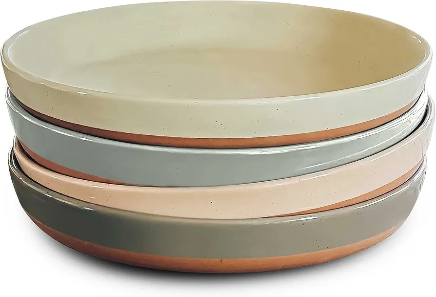 Mora Ceramic Flat Pasta Bowl Set of 4-35oz, Microwave Safe Plate with High Edge for Kitchen and Eating, Large Wide Bowls/Plates for Serving Dinner, Salad, etc- Neutrals | Amazon (US)