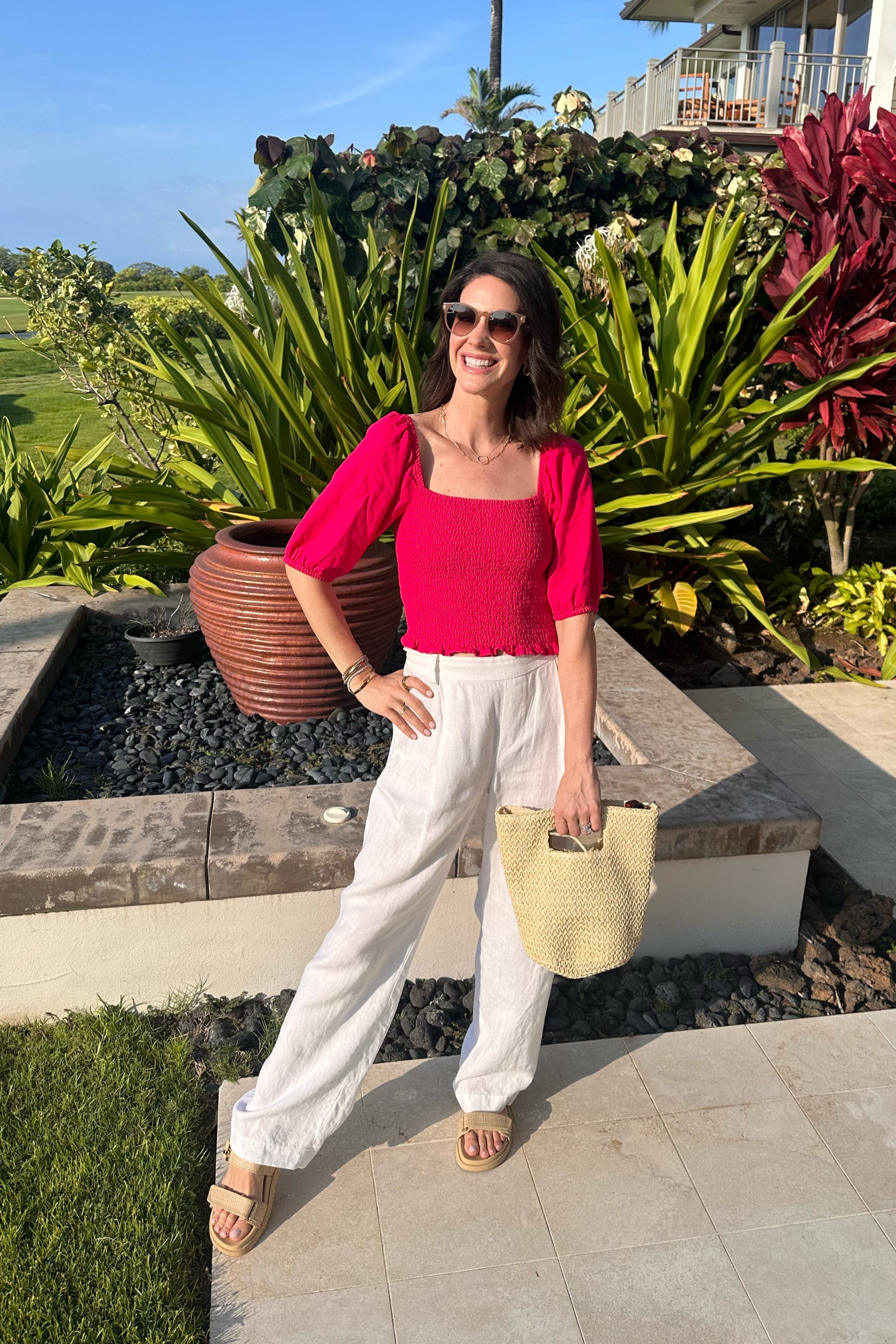Vacation outfit to a casual dinner by the beach. I’m wearing a small in the top. The pants are sold out but I tagged two VERY similar options  