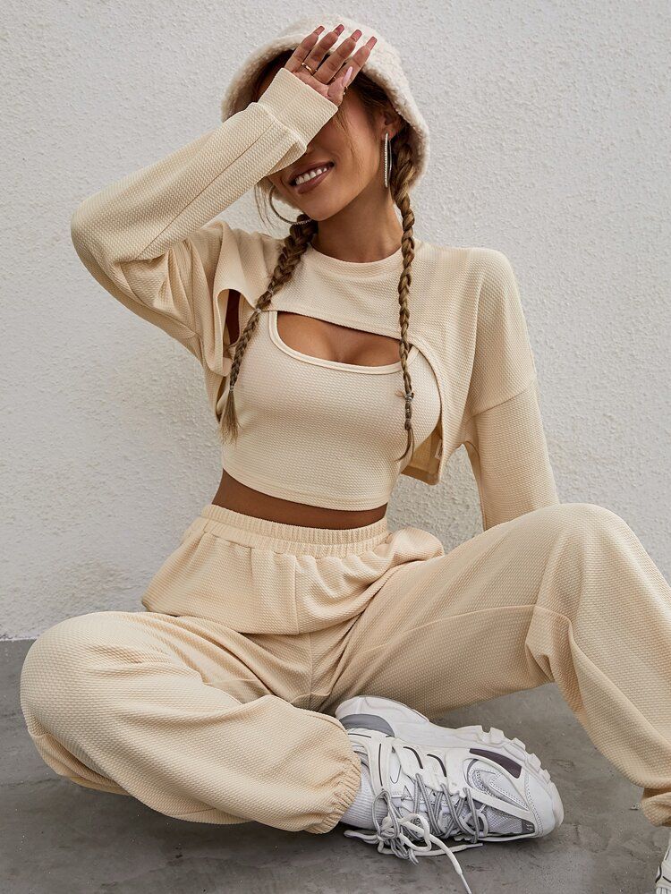 Drop Shoulder High Low Hem Pullover & Sweatpants With Tank Top | SHEIN