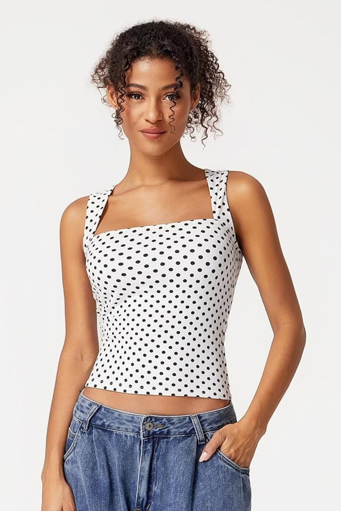 QINSEN Women's Summer Tank Tops Square Neck Sleeveless Slim Fitted Going Out Shirts White Polka D... | Amazon (US)