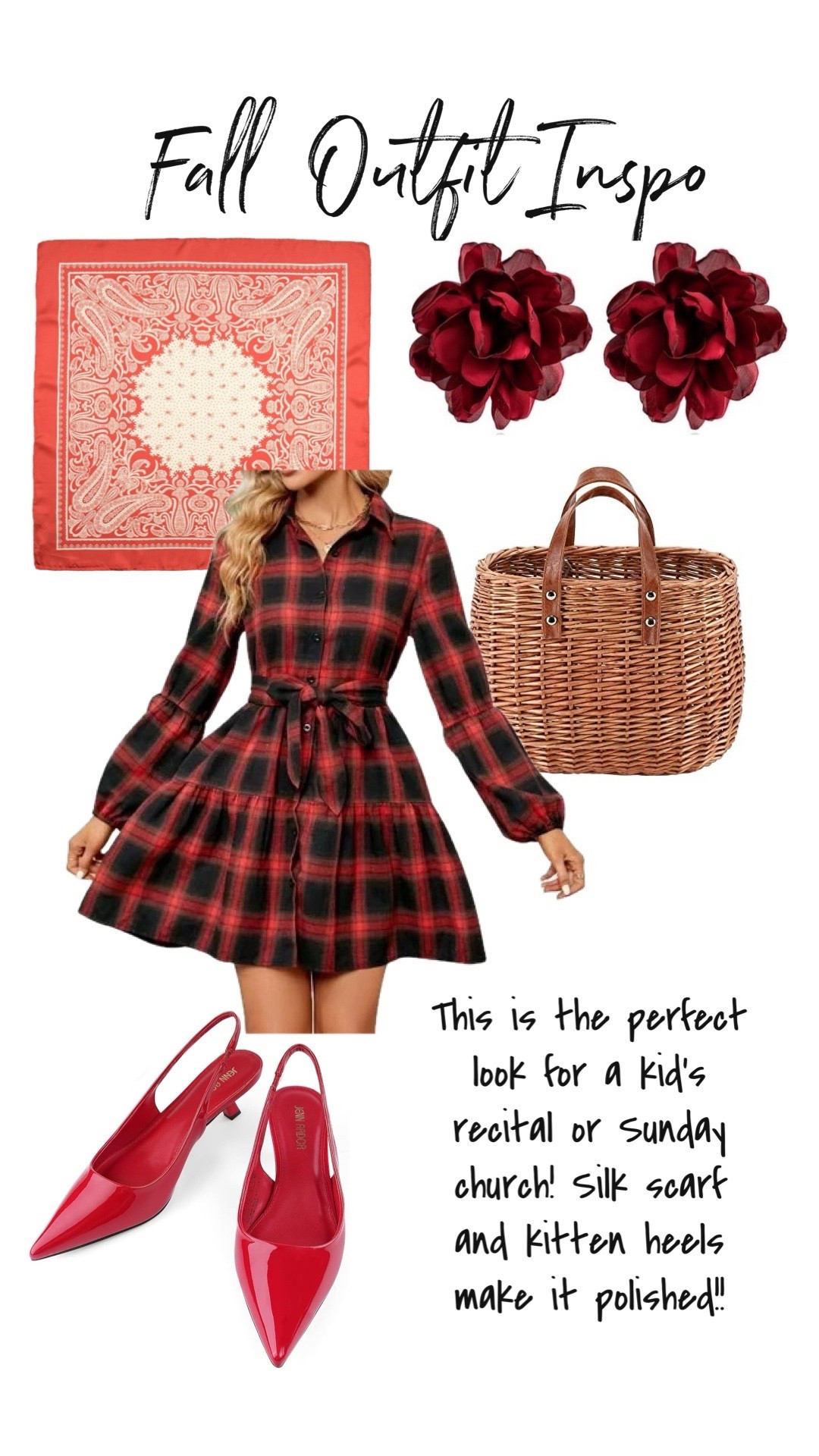 This is the perfect look for a kid's recital or Sunday church! Silk scarf and kitten heels make a plaid dress look polished. Add a fun basket bag and flower earrings. 

#LTKFallSale #LTKStyleTip #LTKPetite