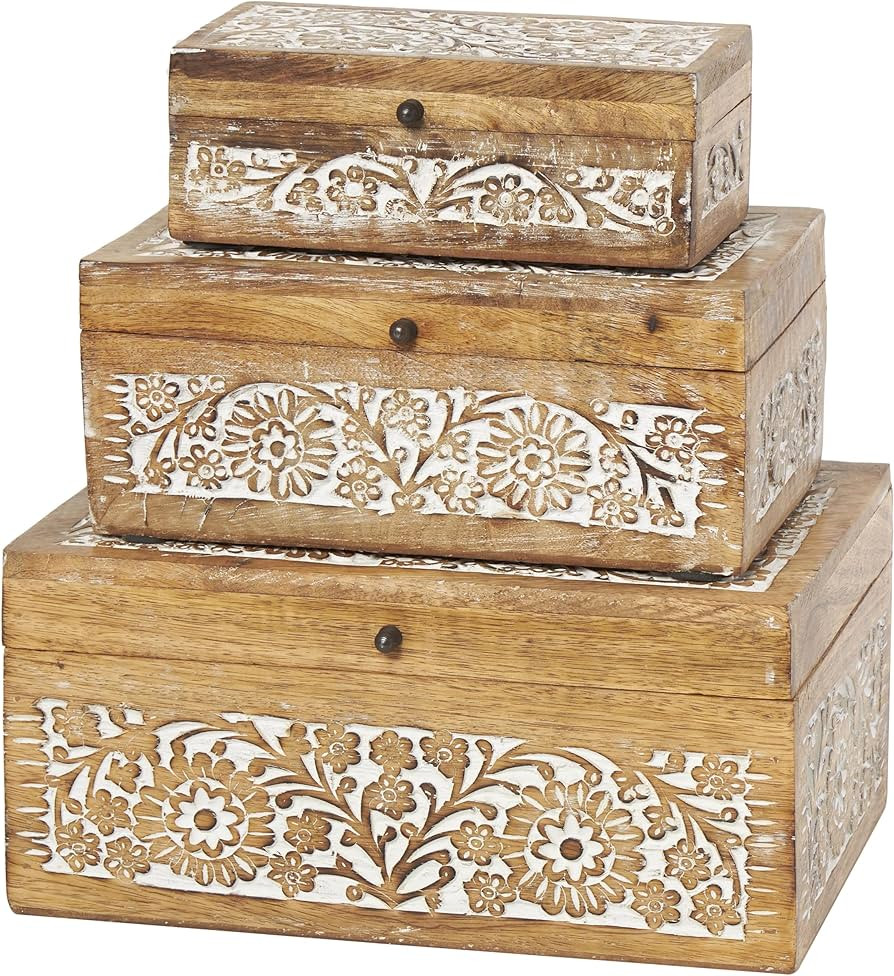 Deco 79 Mango Wood Floral Decorative Box Decorative Keepsake Boxes with Hinged Lid, Set of 3 Stor... | Amazon (US)