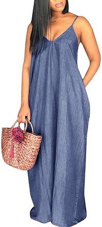 Click for more info about Chuanqi Womens Summer Spaghetti Strap Dresses Casual Denim Deep V Neck Loose Maxi Dress