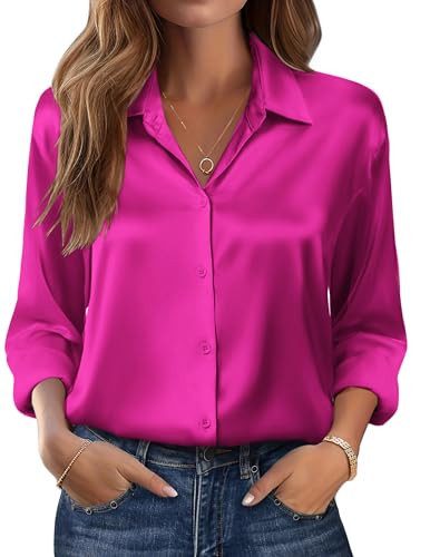 Zeagoo Hot Pink Tops for Women Long Sleeve Satin Silk Button Down Shirt | Amazon (US)