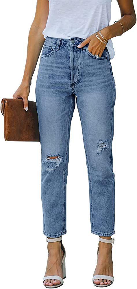 Metietila Women's Ripped High Waisted Jeans Distressed Stretch Straight Jean Denim Pants | Amazon (US)