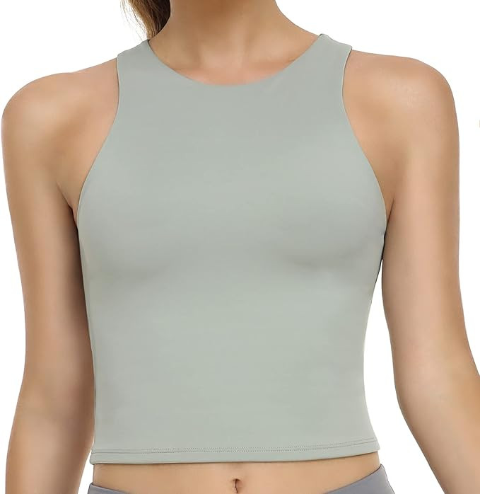Colorfulkoala Women's High Neck Tank Tops Body Contour Sleeveless Crop Double Lined Yoga Shirts | Amazon (US)
