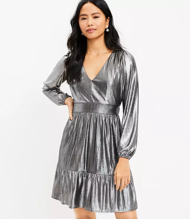 Shimmer Ruffle V-Neck Dress | LOFT