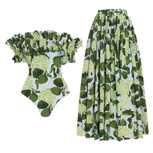Women's One Piece Swimsuit with Cover up Beach Skirt Retro Floral Printed Swimsuit Bathing Suit Ruffle Off Shoulder Monokini Swimwear Sarong Coverups Two Piece Bikini Set Beachwear Green Hydrangea M | Amazon (US)