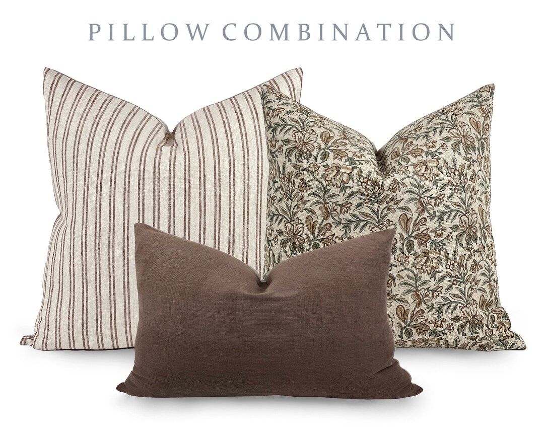 PILLOW COMBO Fall Pillow Combination, Brown Striped Pillow, Brown Floral Pillow, Brown Pillow, Pi... | Etsy (US)