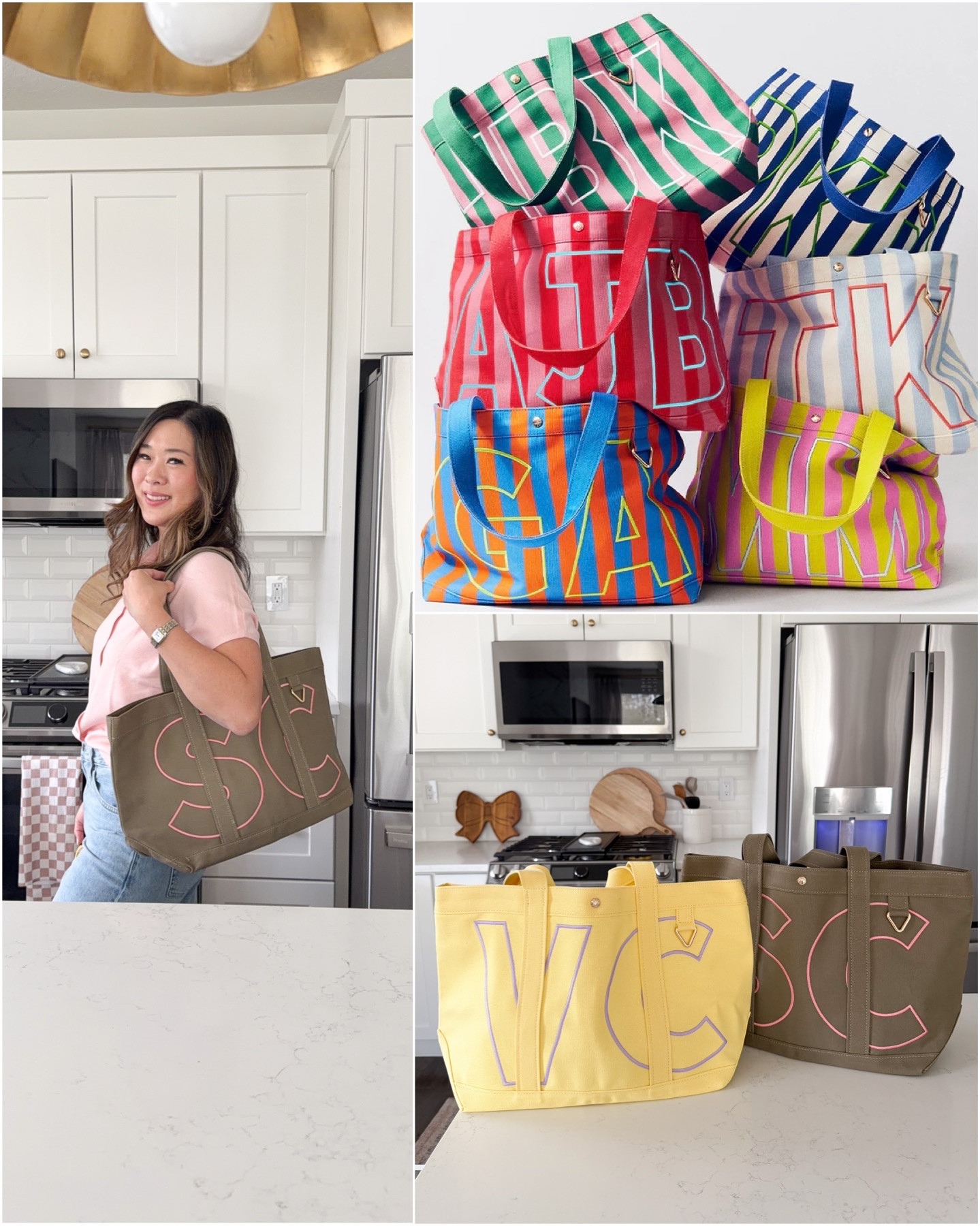 These would make the best gifts for Moms, tweens, friends!!! 

For the solid totes, they come in Small, Medium and Large and you can customize tote color, letter color and add up to 3 letters! 

But the fun striped totes are breaking the internet right now and are now on Preorder!!! The color combos are preset as you can add up to 3 letters, also comes in Small, Medium and Large! Grab yours now!! @baublebar 

Baublebar, custom tote, striped totes, viral Summer find