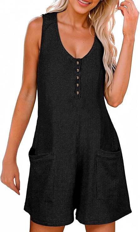AlvaQ Womens Short Jumpsuits Solid Color Summer Casual Waffle Button Front Sleeveless Rompers wit... | Amazon (US)