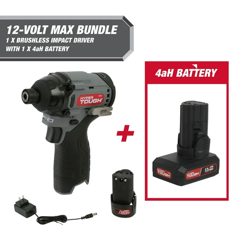 Hyper Tough 12-Volt Cordless Brushless Impact Driver Plus 4 Ah Battery - Walmart.com | Walmart (US)