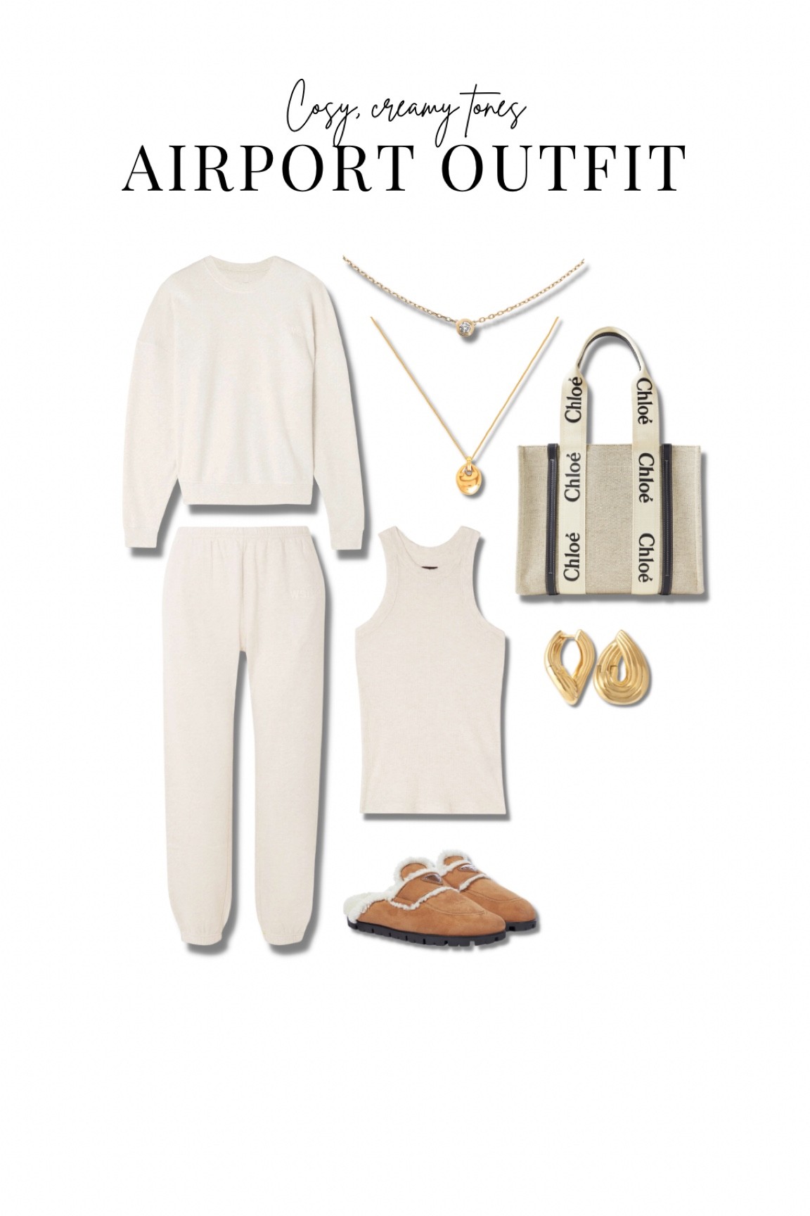 A creamy, cosy look perfect for travelling in style. WSLY outfit via net-a-porter, chloe woody tote, prada shearling loafers & gold jewellery  

#LTKSeasonal #LTKeurope #LTKstyletip
