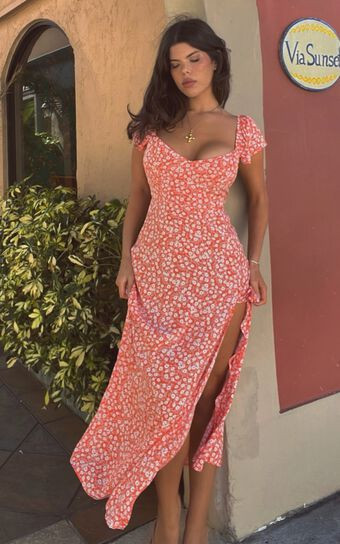 Donissa Midi Dress - Thigh Split Flutter Sleeve Dress in Orange Floral | Showpo (US, UK & Europe)