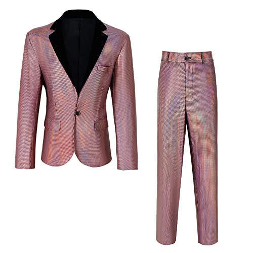 CARUHIF Men's 70s Disco Outfit Rainbow Suit Sequin Jacket and Pants Halloween Party Costume(Z2981PK,2XL) | Amazon (US)