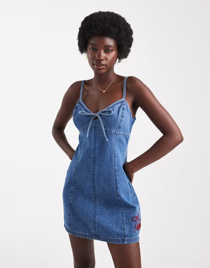 Hollister spaghetti strap a line denim mini dress in medium blue wash | ASOS (Global)