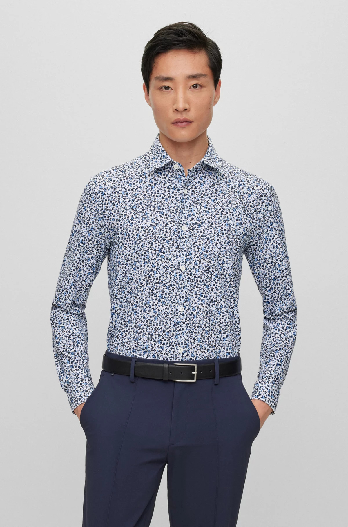Slim-fit shirt with Kent collar in printed material | Hugo Boss (US)
