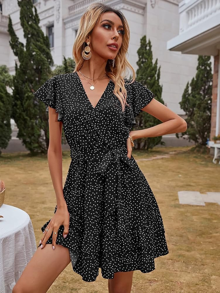 Floerns Women's Summer Polka Dots V Neck Ruffle Cap Sleeve A Line Mini Dress | Amazon (US)