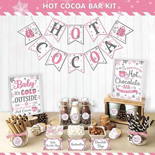 Hot Cocoa Bar Kit Pink Silver Snowflake Hot Cocoa Banner Bar Sign Hot Chocolate Toppings Labels C... | Amazon (US)
