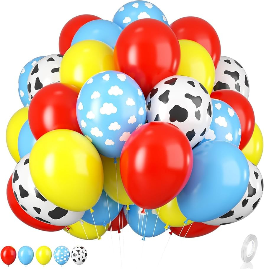 Toy Inspired Story Balloons, 12 Inch Red Blue Yellow Balloons With Cow Print Sky Blue Cloud Ballo... | Amazon (US)