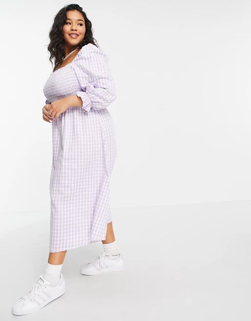 New Look Curve gingham textured shirred dress in lilac | ASOS (Global)
