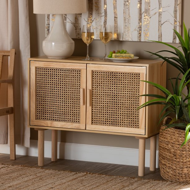 Baxton Studio Maclean Mid-Century Modern Rattan and Natural Brown Finished Wood 2-Door Sideboard ... | Walmart (US)
