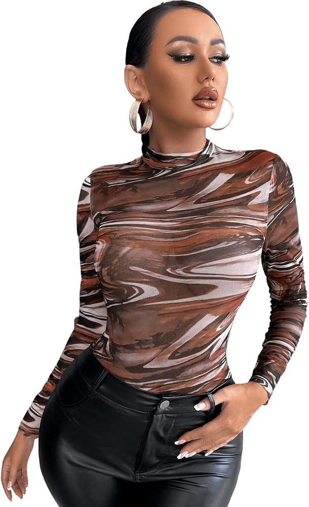 SweatyRocks Women's Long Sleeeve Mesh Shirt Sheer See Through Top Blouse Brown Orange L | Amazon (US)