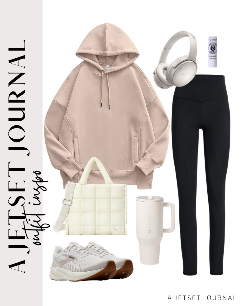This fit makes me want to go out and run even during chilly mornings. Just wear a trendy beige fleece hoodie, cozy black leggings, and a pair of Brooks sneakers. Adding this WESTBRONCO puffer crossbody bag makes the outfit more polished. 

 #LTKSeasonal #LTKSaleAlert #LTKTravel