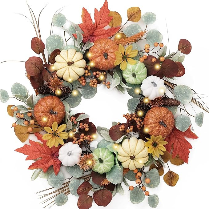 Valery Madelyn Collapsible Fall Wreath for Front Door, 24" Harvest Autumn Pumpkin Wreath with Sil... | Amazon (US)