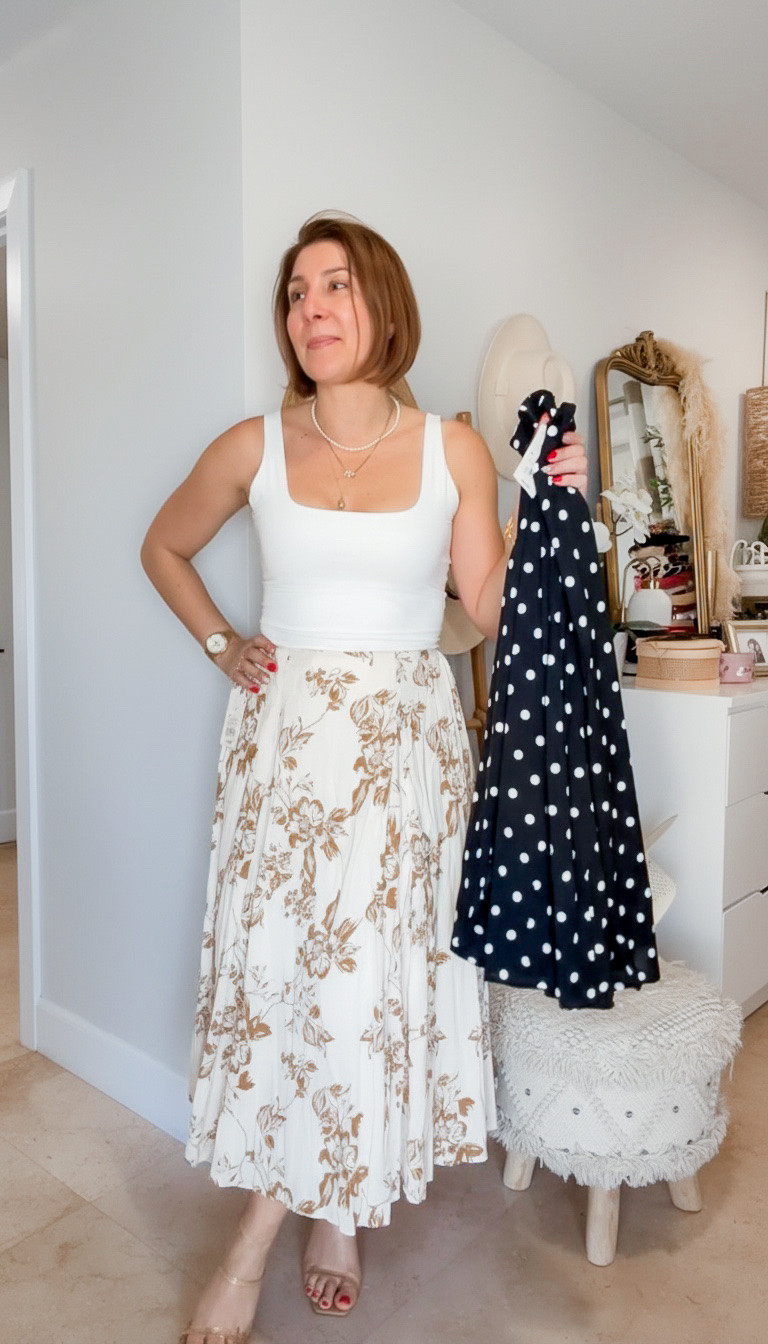 A-line polka dot and floral skirt