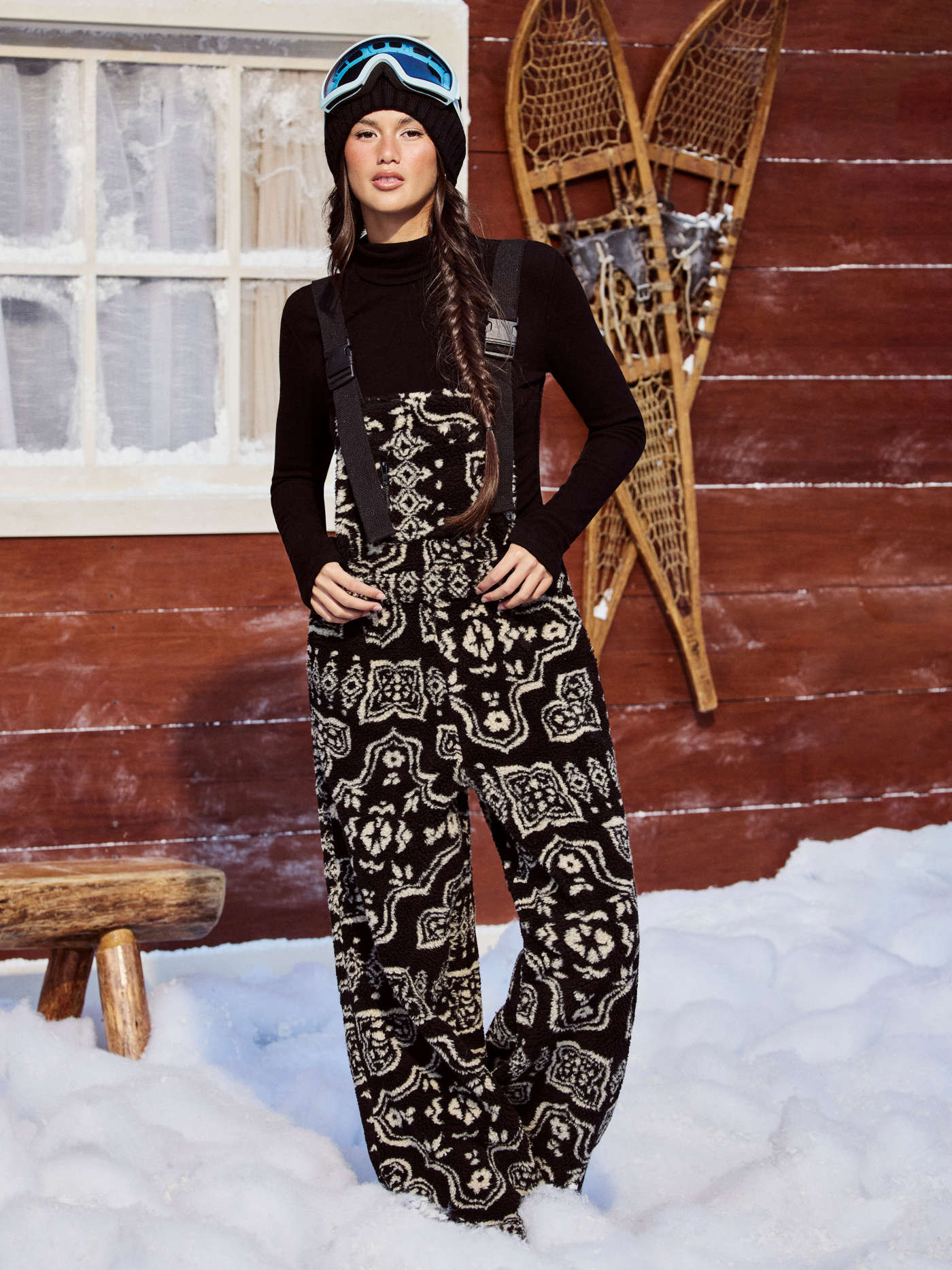 Fleece Fleece Square Neck Aztec Buckle Up Straight Leg Overalls For Daily Casual | Cider