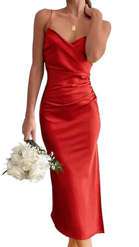 Memoriesea Women's Sexy Crossover Cowl Neck Bodycon Wedding Evening Party Midi Dress Red | Amazon (US)