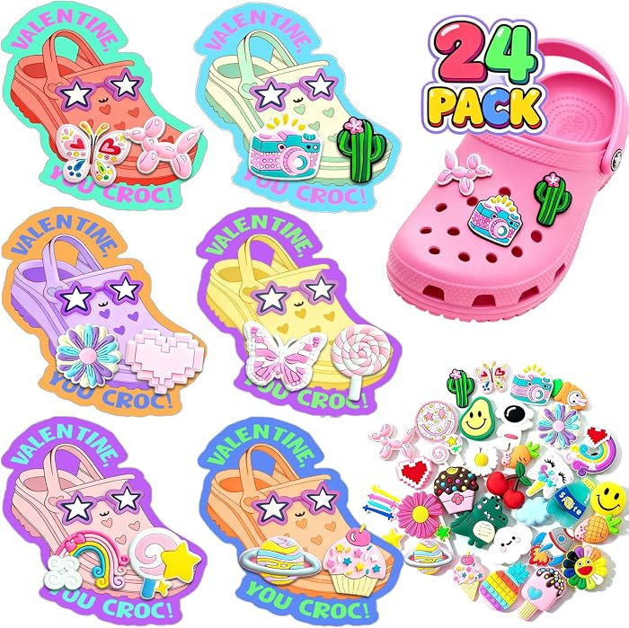 Valentines Day Gifts for Kids, 48 Shoe Charms Bulk with 24 Valentines Day Cards for Kids, Valenti... | Amazon (US)