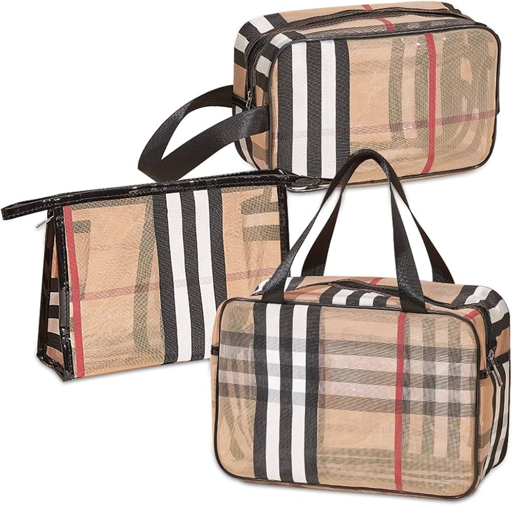 Veki 3 Pieces Set Plaid Striped Transparent Makeup Bag Waterproof Travel Cosmetic Bag Portable Ma... | Amazon (US)