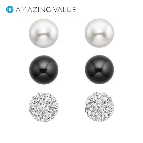 3-Piece Freshwater Cultured Pearl, Onyx, Crystal Stud Earrings Set in Sterling Silver | Fred Meyer Jewelers