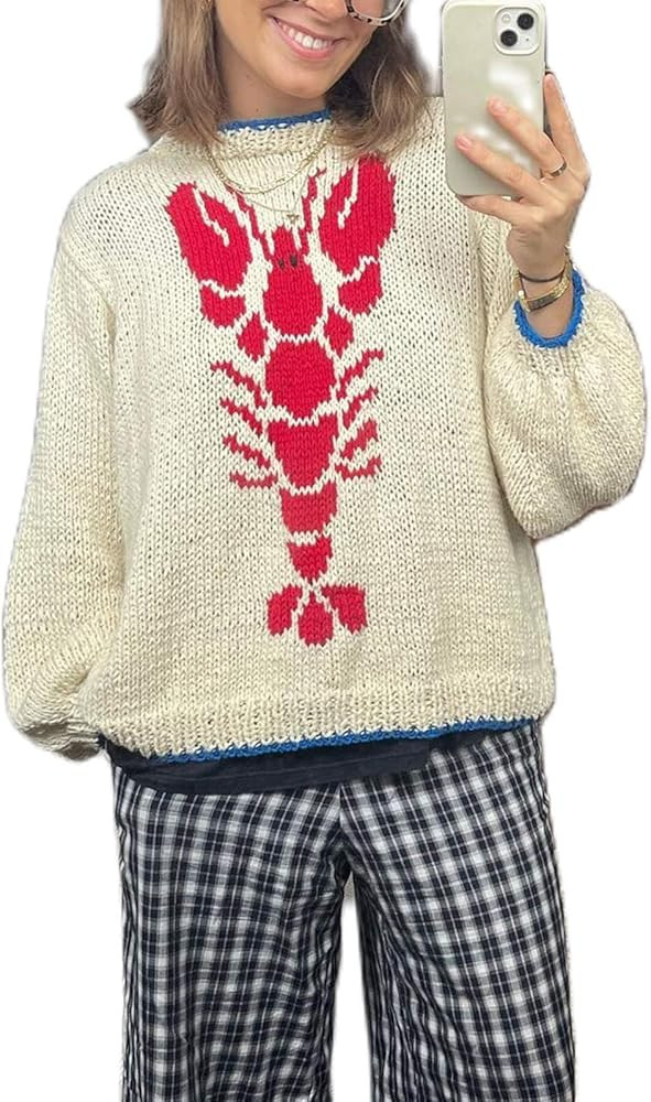 Women's Oversized Lobster Sweater Trendy Going Out Knit Pullover Sweater Long Sleeve Crew Neck Gr... | Amazon (US)