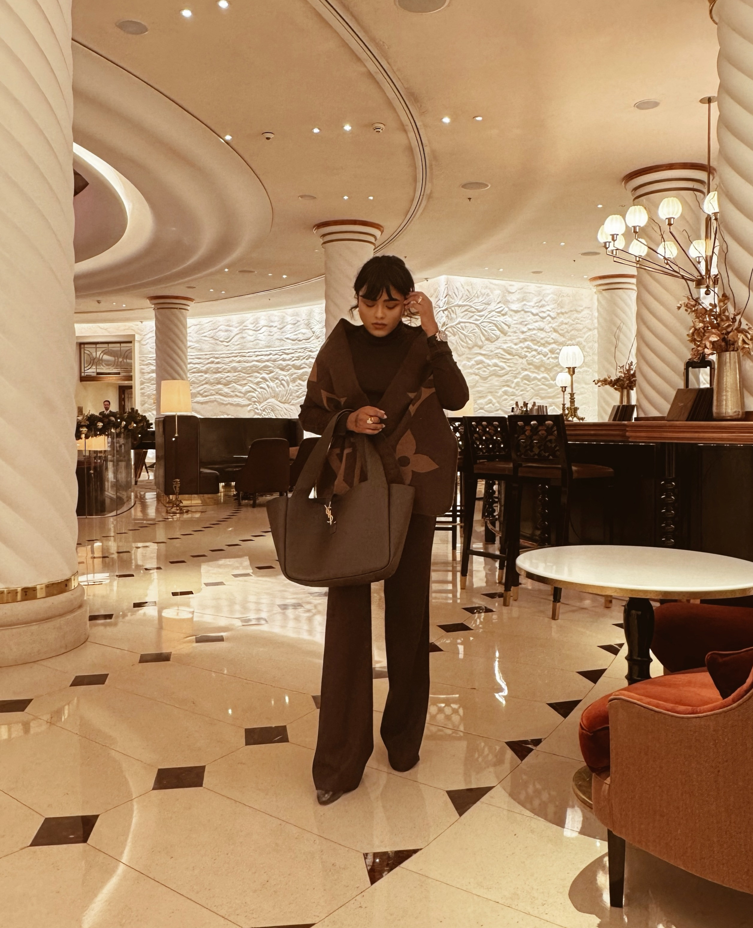 Louis Vuitton Scarf, The Frankie Shop Wide Leg, COS, Turtleneck Jumper, Trousers, Tote Bag, Saint Laurent Bag, Luxury Outfit  

 #LTKuk #LTKeurope #LTKluxury