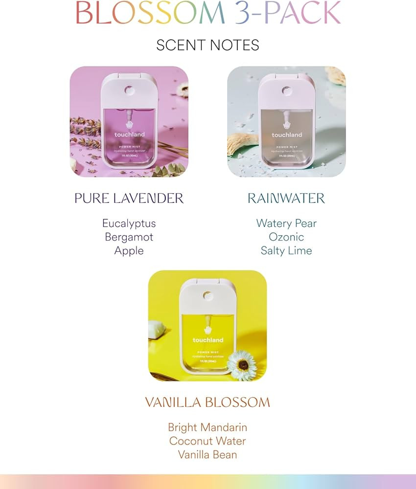 Touchland Power Mist Hydrating Hand Sanitizer Spray, BLOSSOM 3-PACK (Lavender, Vanilla, Rainwater... | Amazon (US)