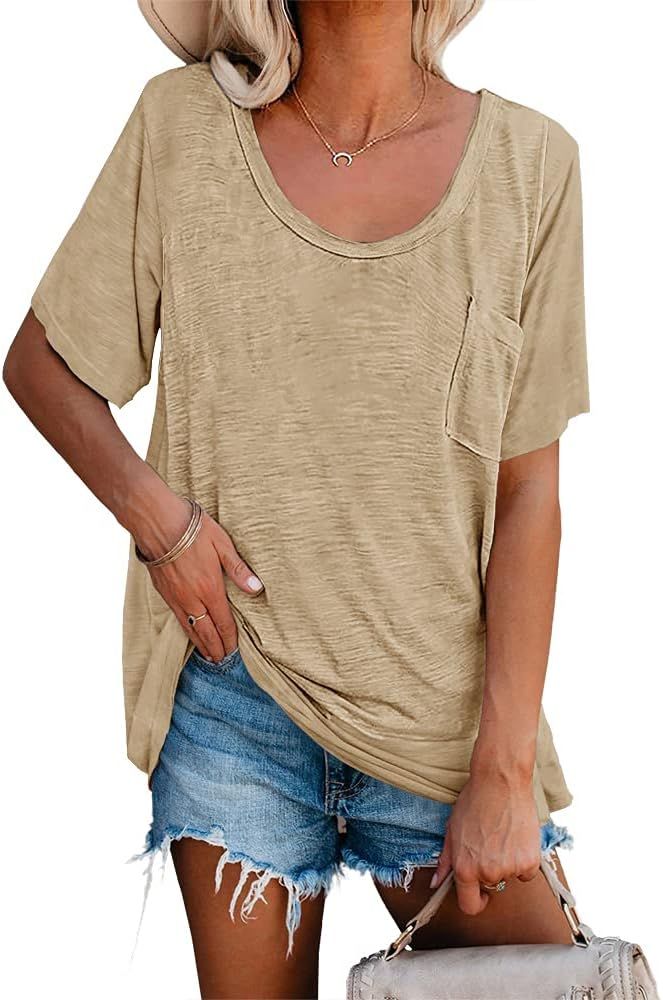 Womens Tunic T Shirts Short Sleeve Round Neck Soft Loose Shirts Summer Casual Tops with Pocket Khaki | Amazon (US)