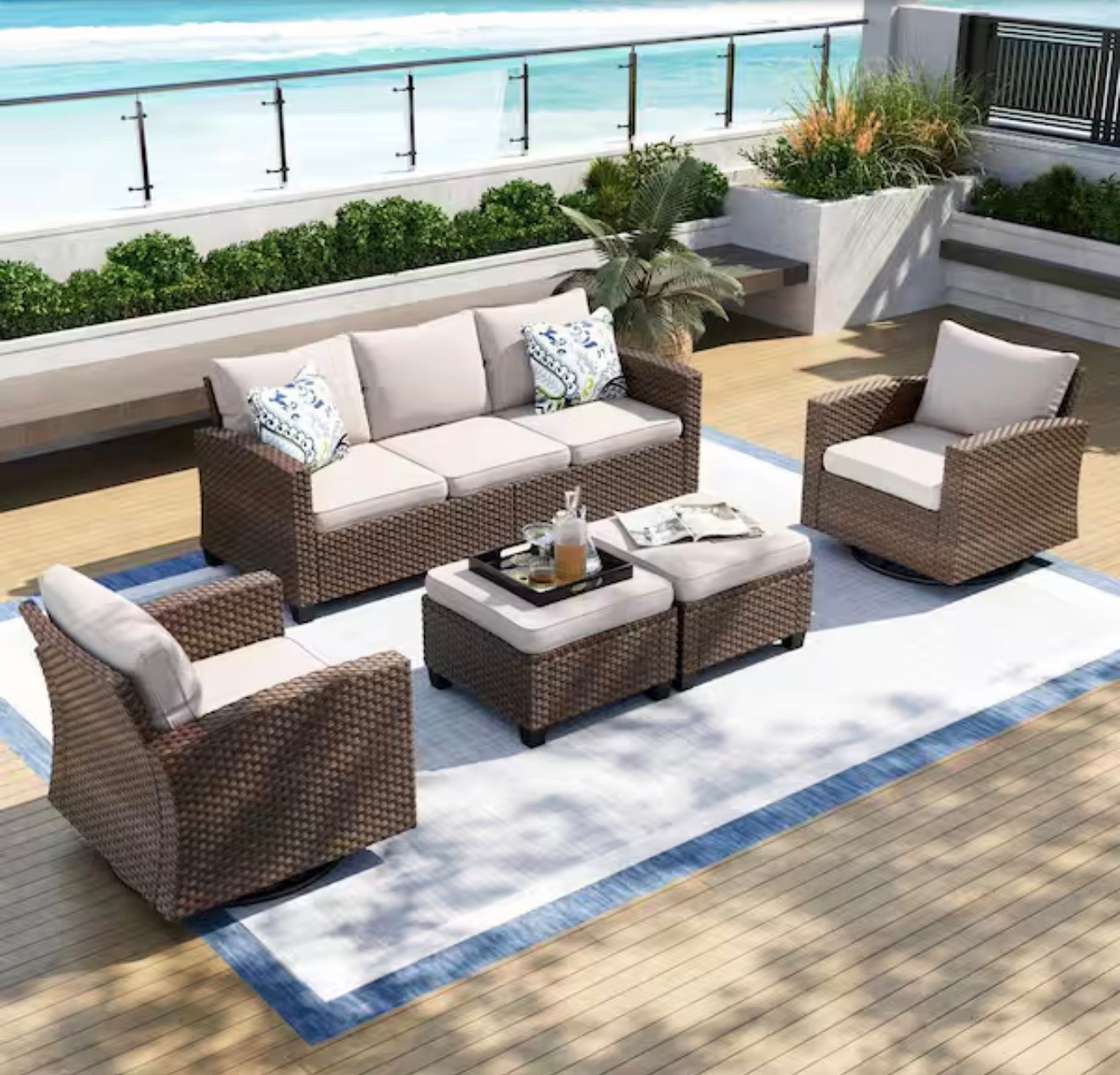 Brown Rattan Wicker 7 Seat 5-Piece
Steel Outdoor Patio Conversation Set with Beige Cushions, 2 Swivel Chairs, 2 Ottomans

#summer #furniture #outdoors #patio #rattan

#LTKSeasonal #LTKHome #LTKOver40