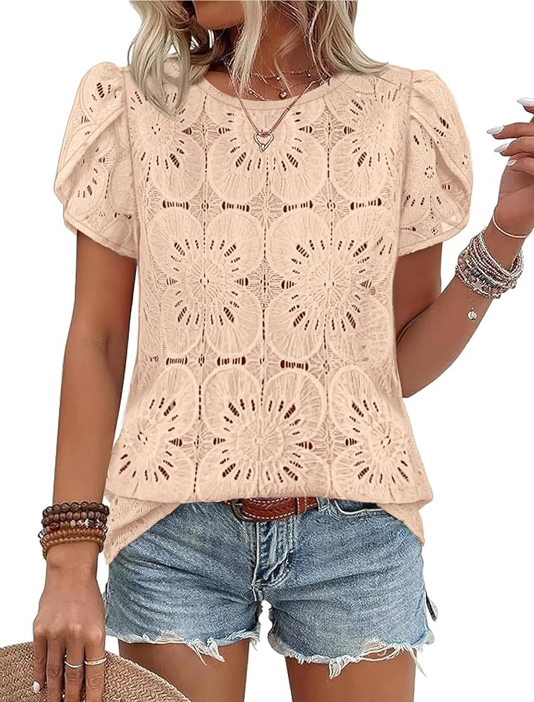 OFEEFAN Blouses for Women Dressy Casual Petal Short Sleeve Shirts Crochet Lace Boho Tops Spring F... | Amazon (US)