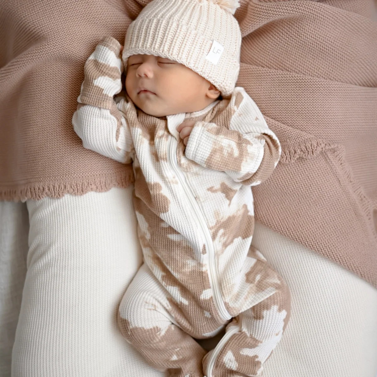 Organic Waffle 2-Way Zip Footie, Almond Tie Dye | SpearmintLOVE