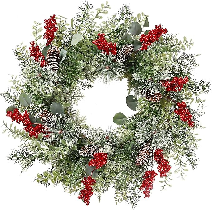 Sggvecsy 21 Inch Artificial Christmas Wreath for Front Door Xmas Red Berry Wreath with Pine Needl... | Amazon (US)