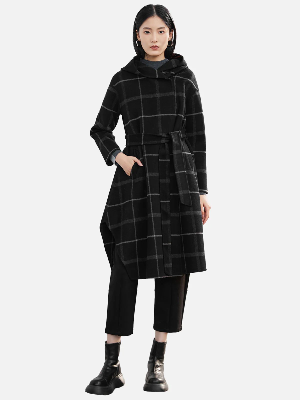 Plaid Hooded Belted  Wool Coat | SDEER