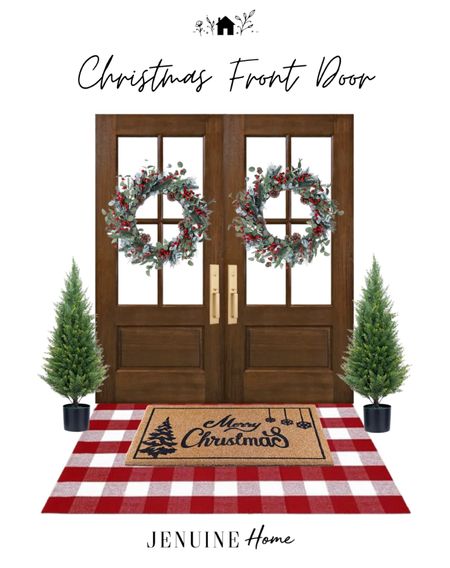 Christmas front door. Christmas wreath. Wooden door. Gold hardware. Mini outdoor indoor Christmas tree. Red gingham welcome mat. Merry Christmas welcome mat  

#LTKSeasonal #LTKhome #LTKHoliday