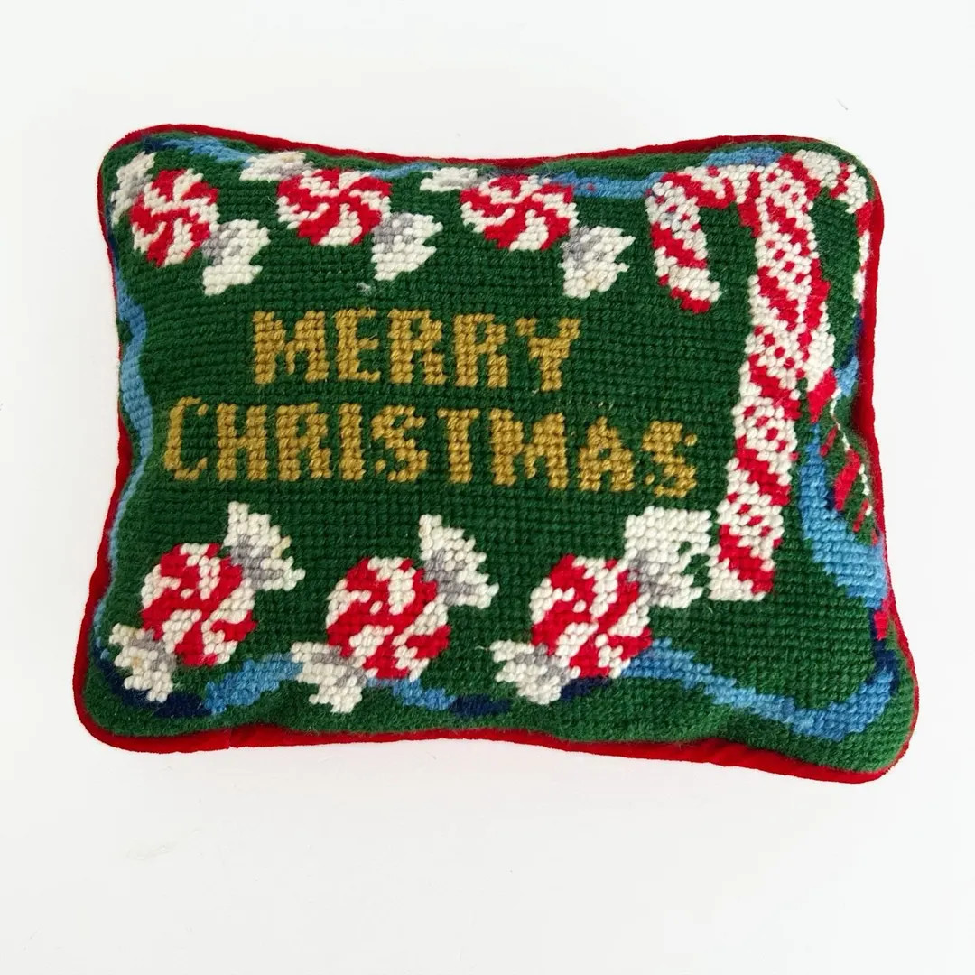 Vtg Wool Needlepoint Pillow Merry Christmas Peppermint Candy Cottage Core | Etsy (US)