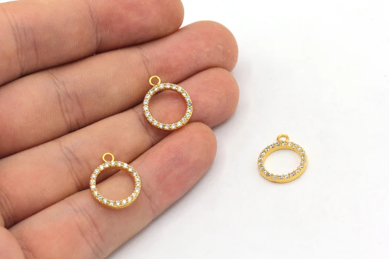 12mm 24k Shiny Gold Mini Circle Charm, CZ Micro Pave Circle Charm, Zirconia Charm, Circle Earring... | Etsy (US)
