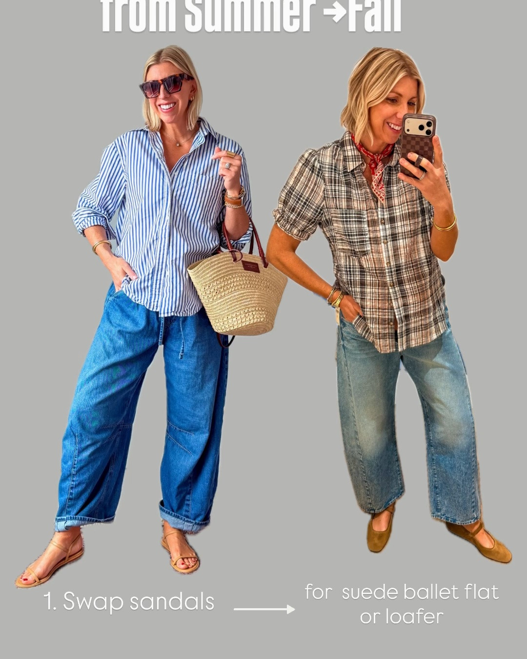 4 simple swaps that turn your summer outfits into fall ones.
Suede ballet flats, chocolate brown leather bag, a light weight knit layer, 
Wide leg linen pant

#LTKmomlife #LTKOver40 #LTKSeasonal
