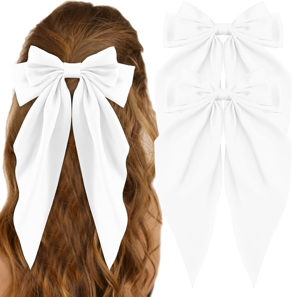 White Silky Satin Oversized Long Tail Bowknot Hair Barrettes for Women - Large Metal Clips & Hair... | Amazon (US)